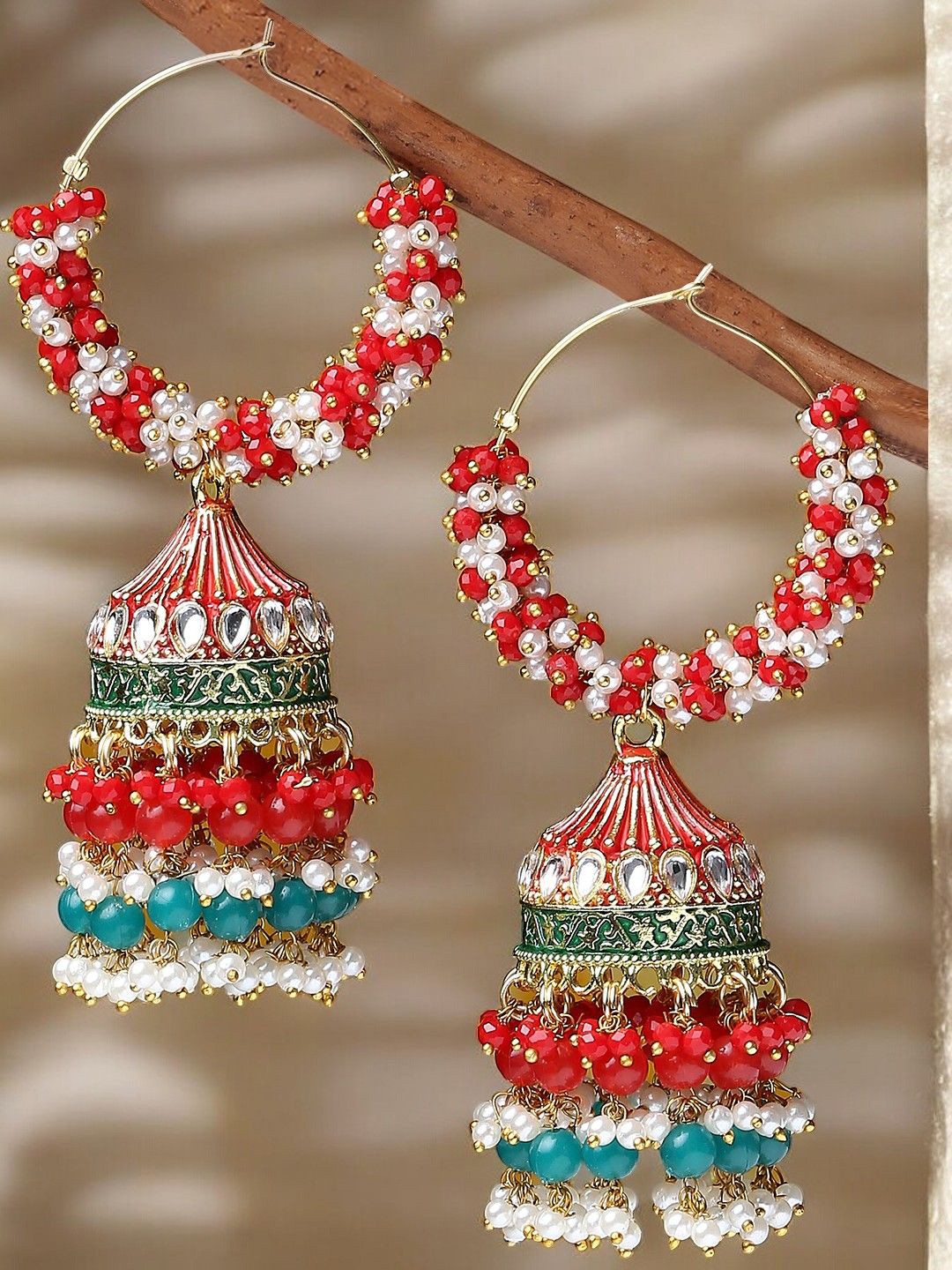 

Anouk Gold-Toned Beaded Meenakari Floral Jhumkas