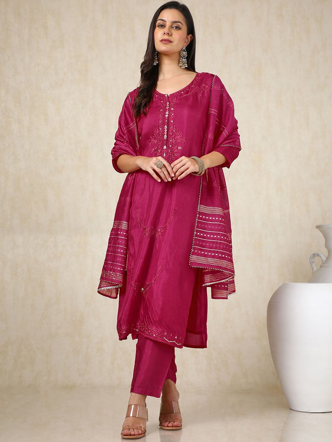 

Soch Magenta Floral Embroidered Round Neck Mirror Work Kurta With Trousers & Dupatta