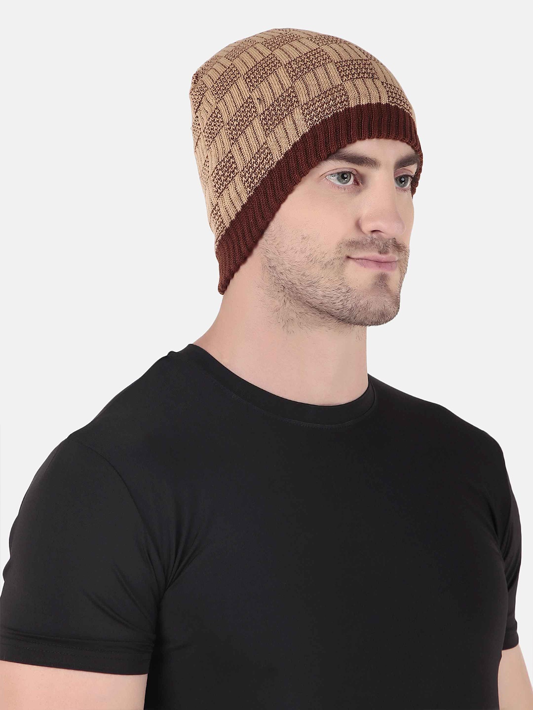 

WILD WEST Men Printed Woollen Beanie, Beige