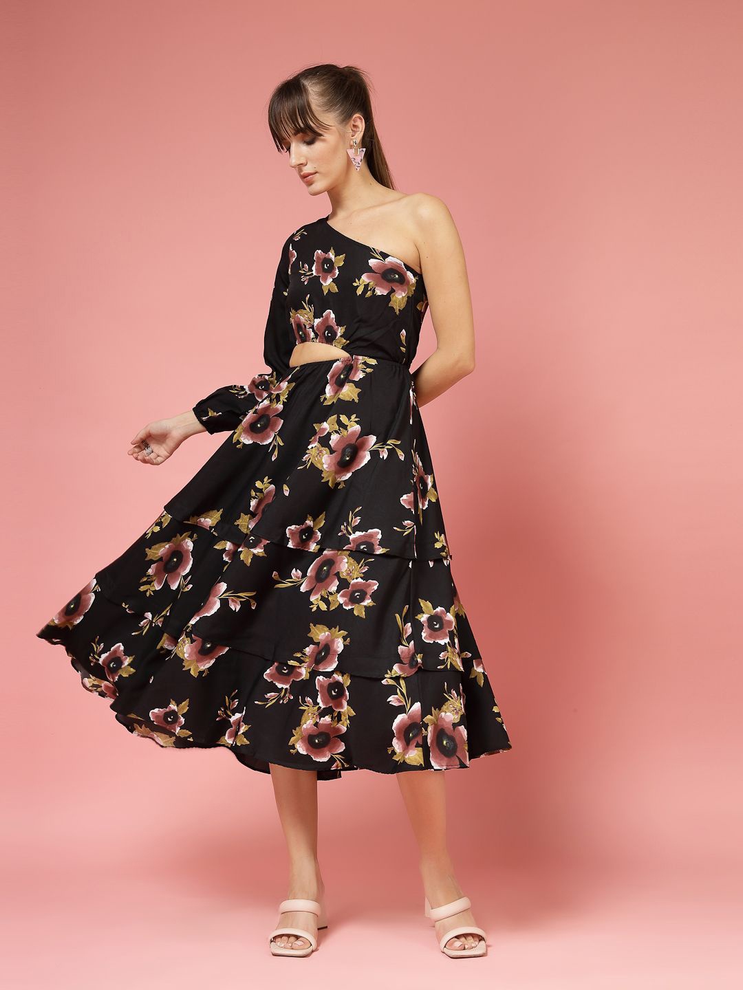 

Oomph! Women Floral Print One Shoulder A-Line Midi Dress, Black