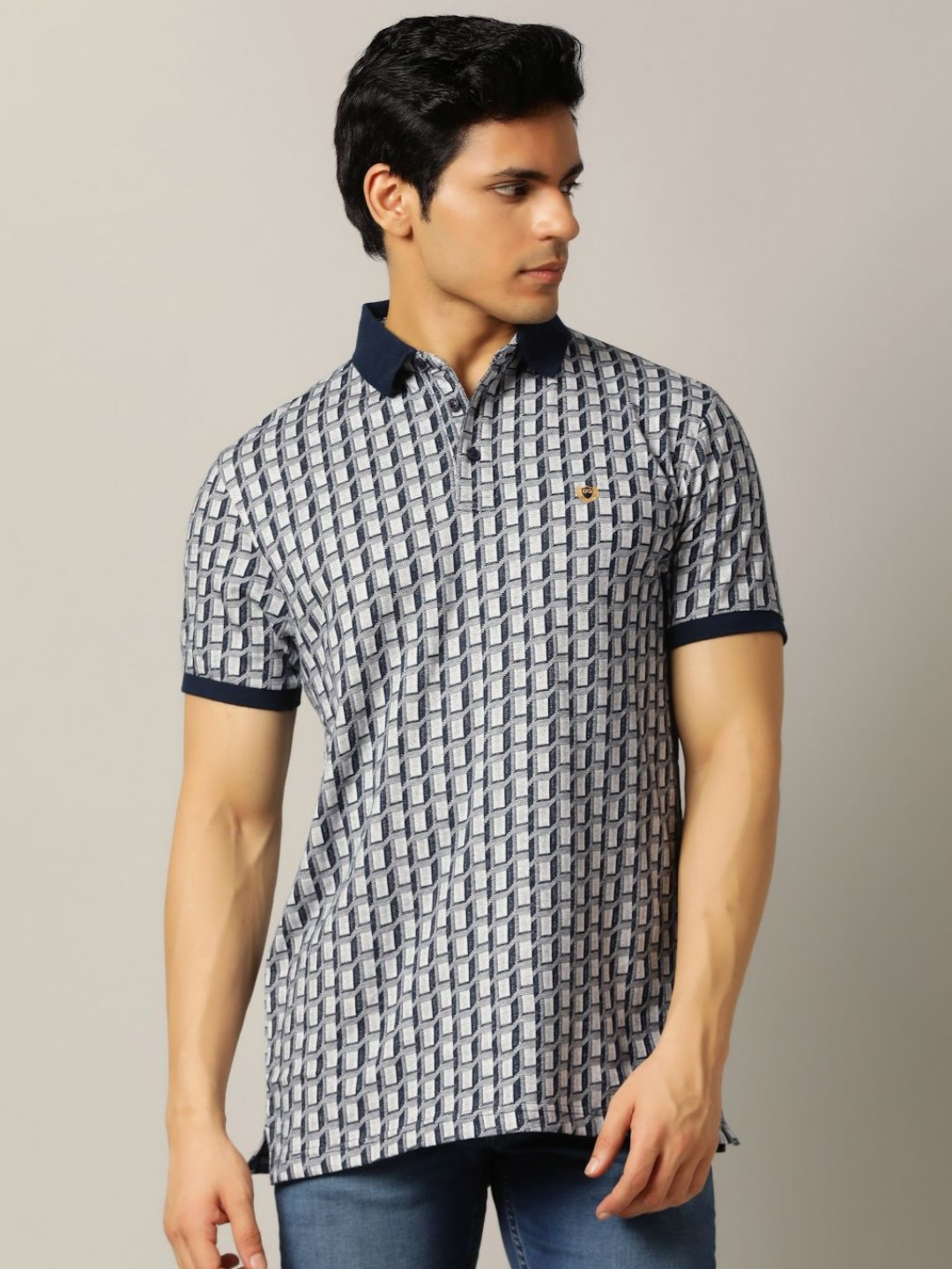 

JADE BLUE Men Polo Collar Pure Cotton Pockets Slim Fit T-shirt, Navy blue