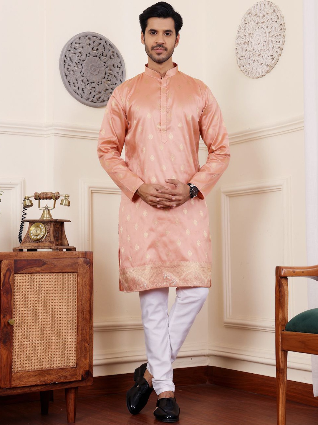 

Rawayi Ethnic Motifs Woven Design Mandarin Collar Thread Work Jacquard Straight Kurta, Coral