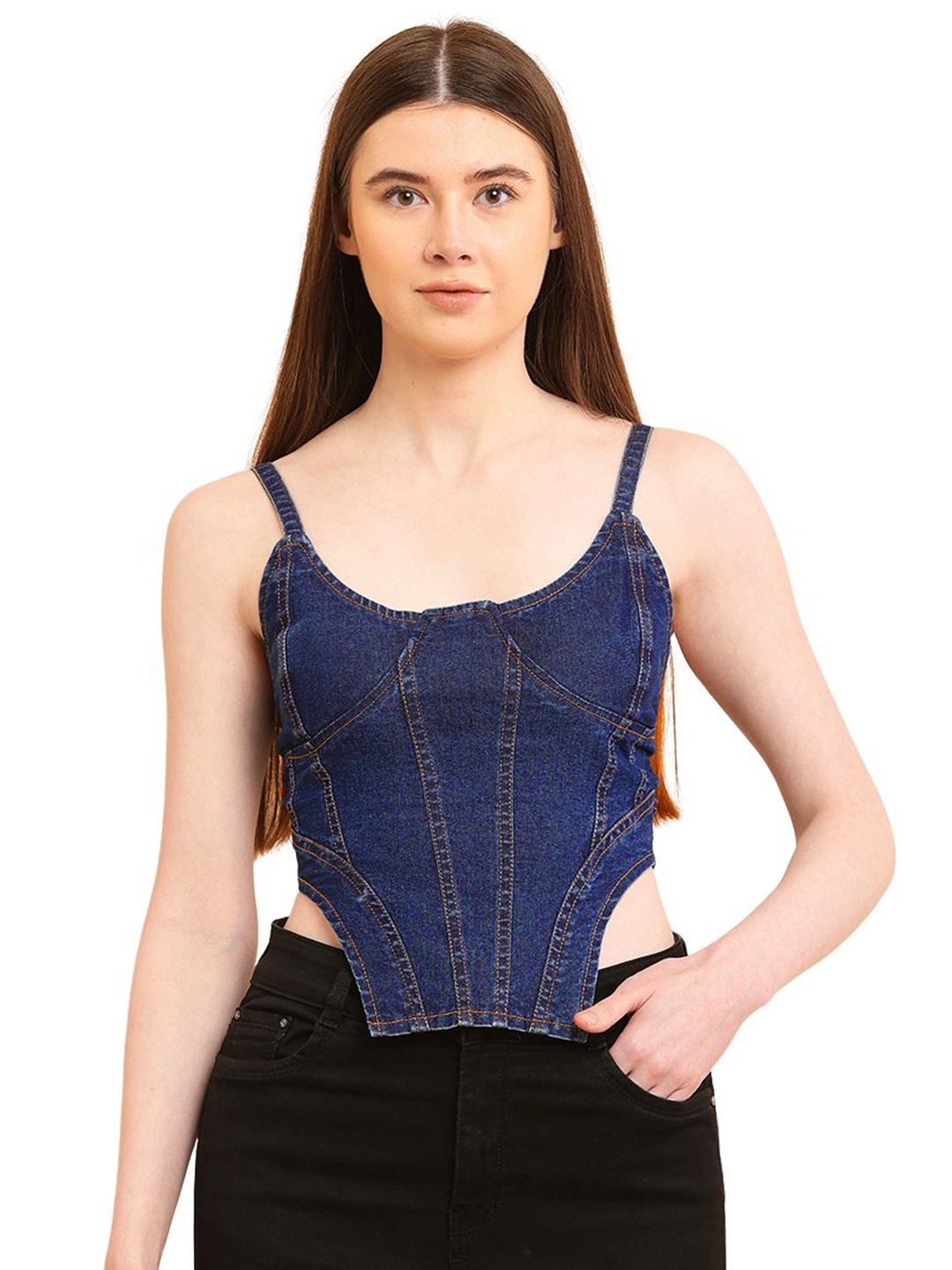 

PUELLA Solid Corset Crop Top, Navy blue