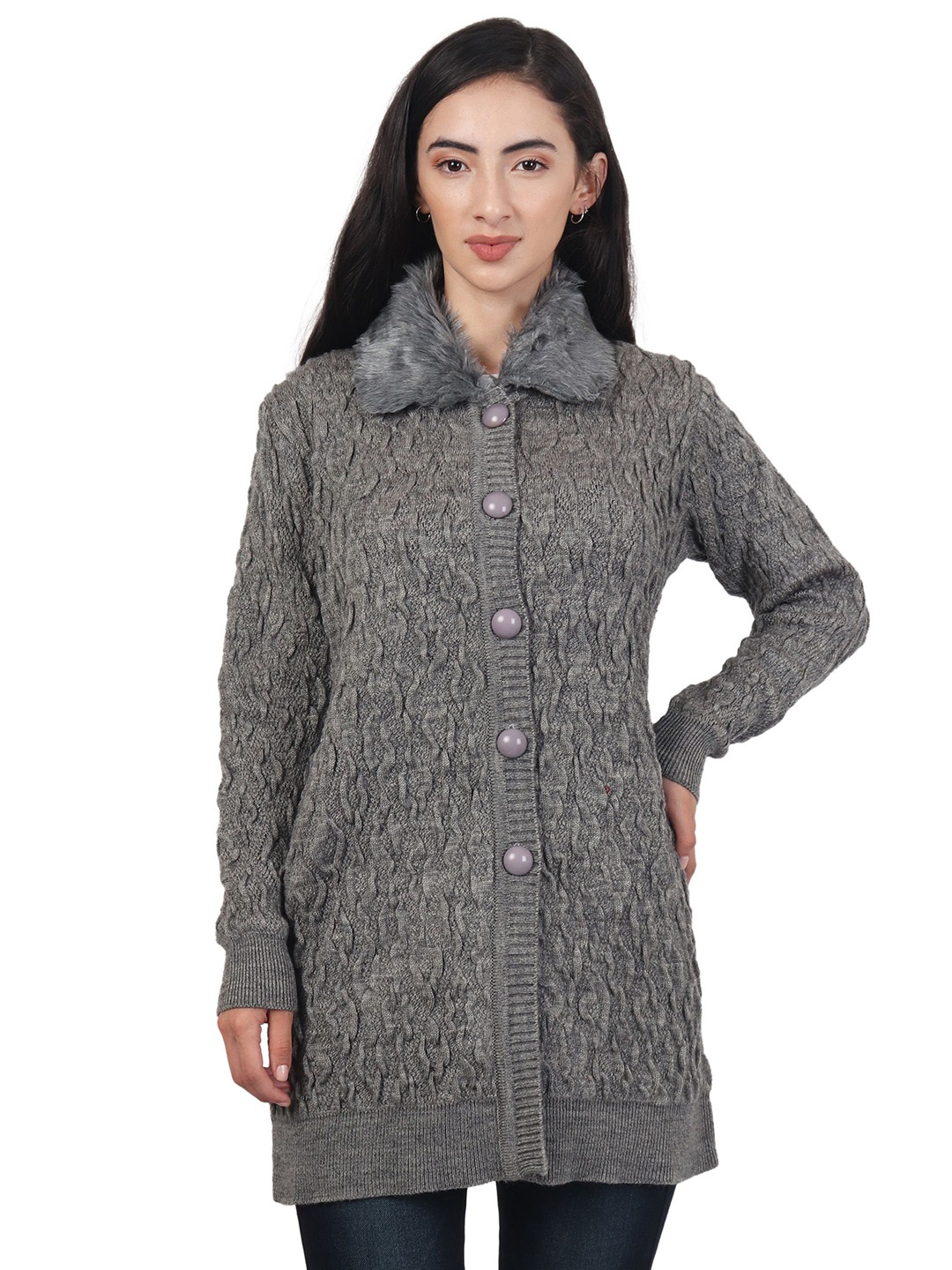 

HAUTEMODA Women Cable Knit Woollen Cardigan, Grey