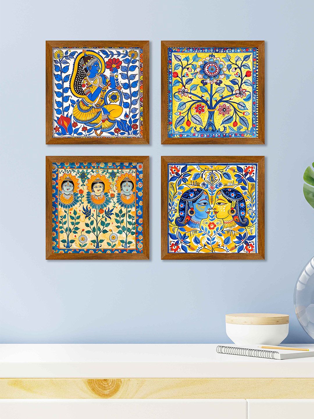 

ArtVibes Yellow & Blue 4 Pieces Madhubani Art Wooden Paintings Wall Art