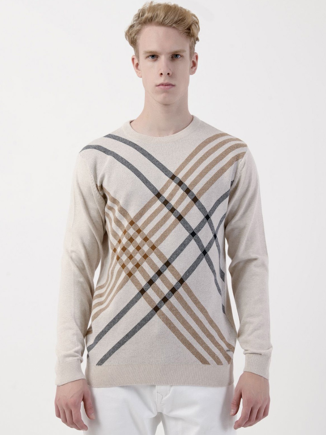 

Albion By CnM Men Checked Cotton Pullover, Beige