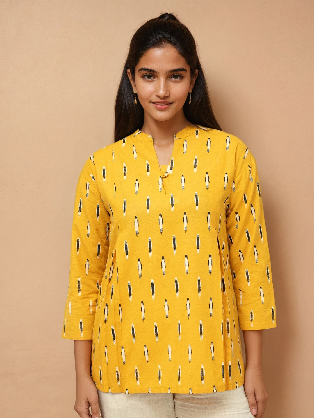 

SPARROW Women Printed Pure Cotton Mandarin Collar Tunics, Mustard