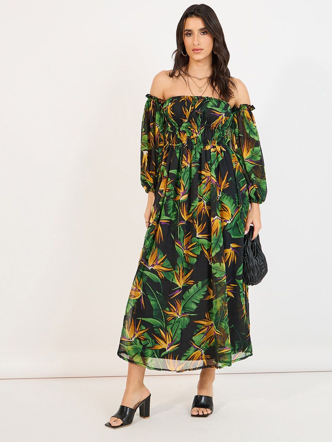 

Styli Women Floral Printed Off Shoulder Puff Sleeves A-Line Maxi Dress, Black