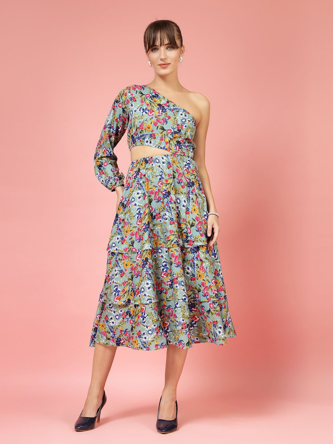 

Oomph! Floral Printed One Shoulder Cut-Outs Crepe Fit and Flare Midi Dress, Green