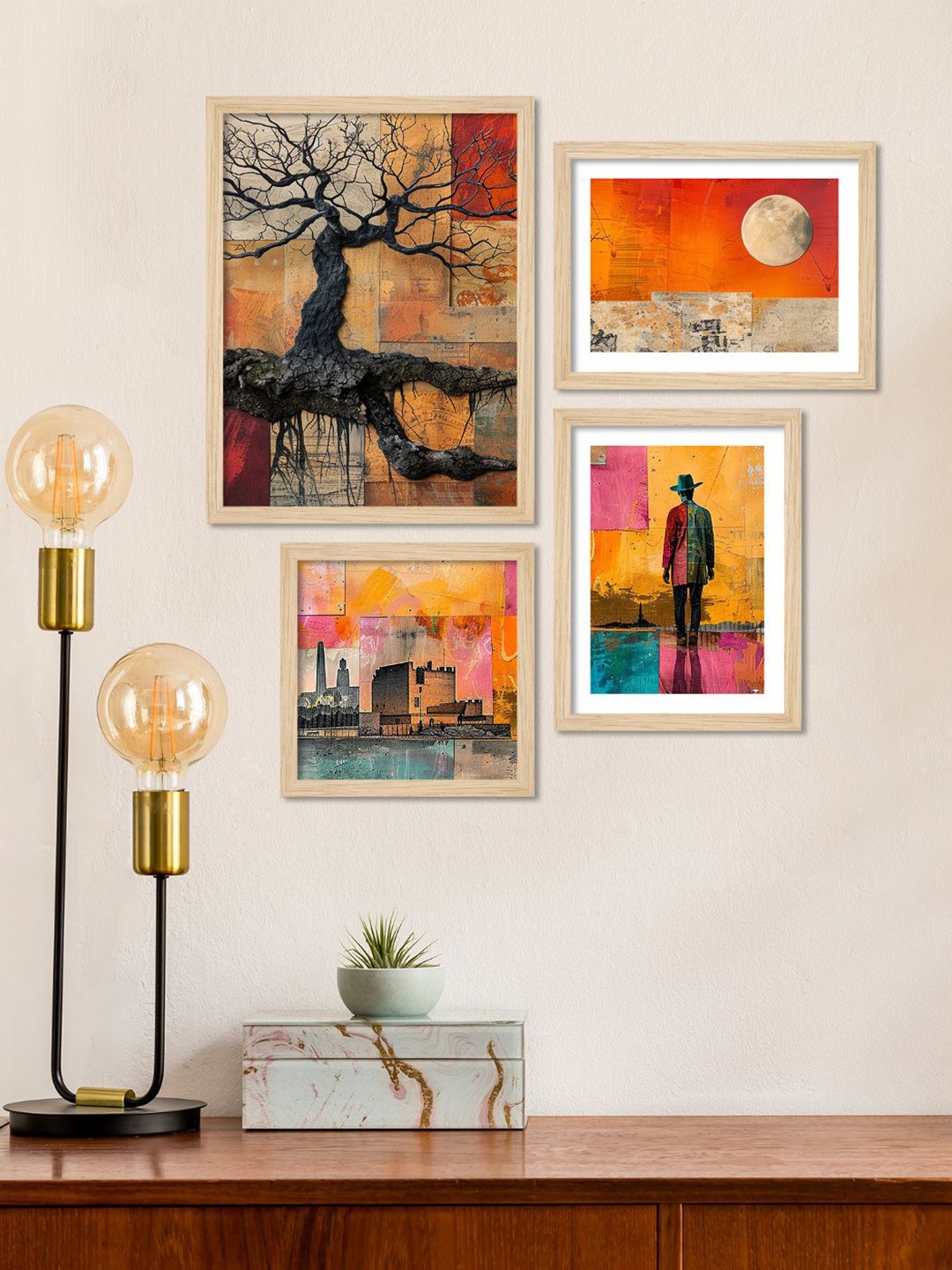 

ArtVibes Yellow & Red 4 Pieces Modern Colorful Artistic Printed Wooden Wall Arts