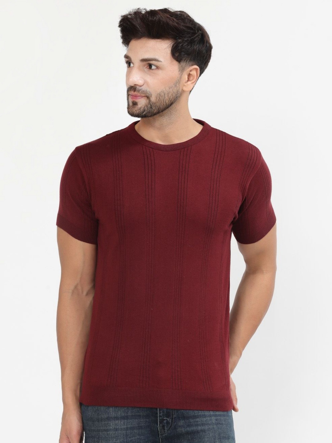 

Kalt Men Slim Fit Knitted Striped T-shirt, Maroon