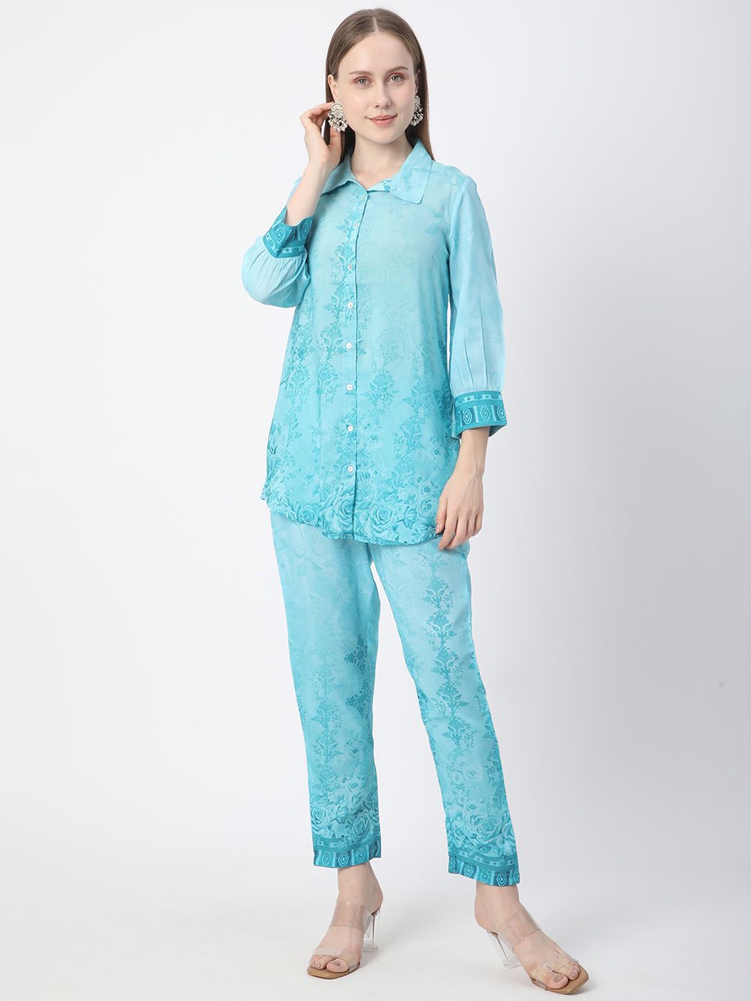 

R&B Printed Three-Quarter Sleeves Shirt With Trousers, Blue