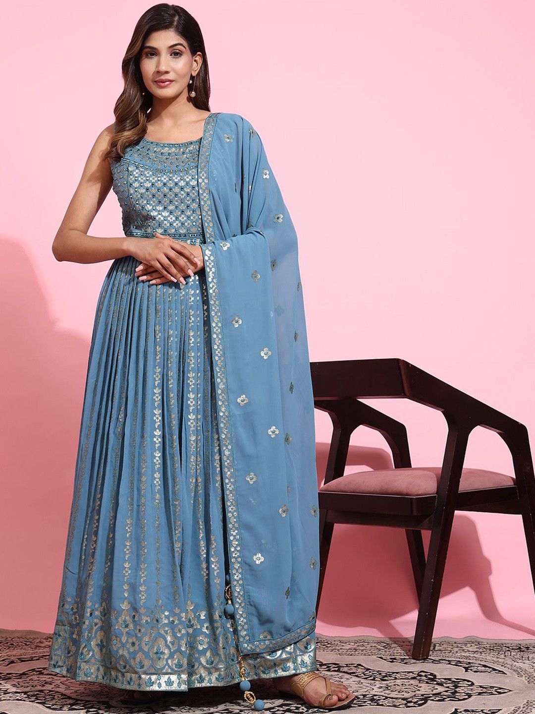 

VANAKARA Women Embroidered Gown Ethnic Dresses With Dupatta, Teal