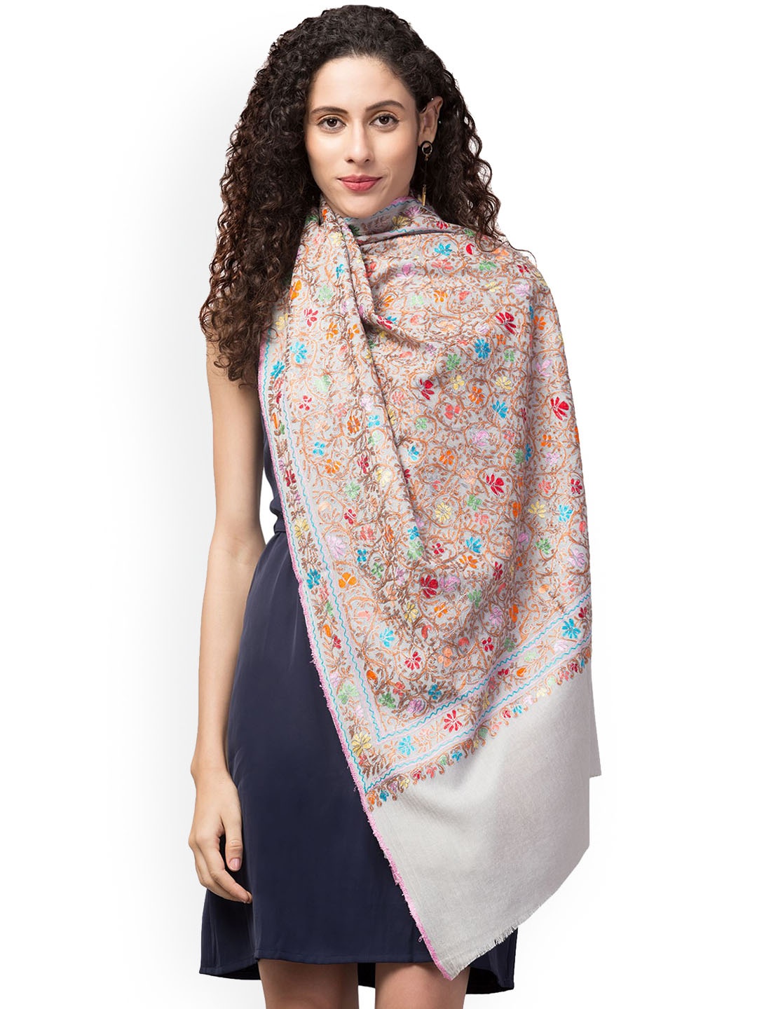 

Tweedle Floral Embroidered Pashmina Shawl, Off white