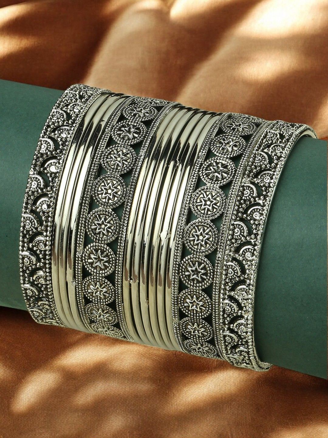 

Sangria Set Of 13 Oxidised Bangles, Silver
