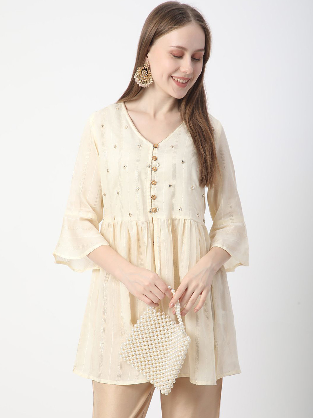 

R&B Women Floral Printed V-Neck Tunic, White