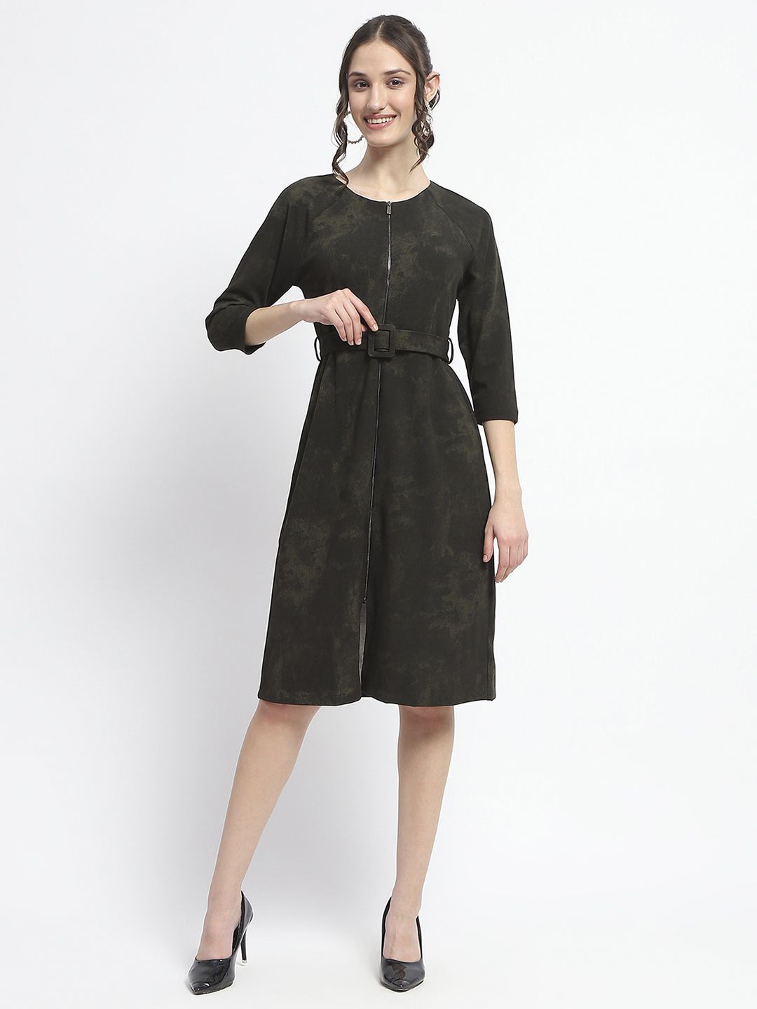 

Madame Women Abstract Printed Fit & Flare Dress, Olive