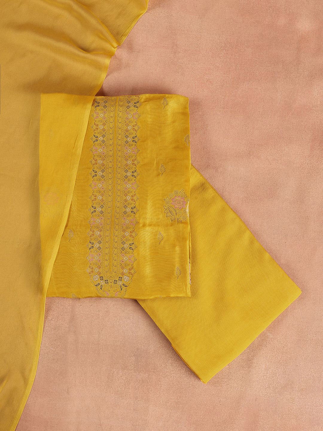 

Libas Floral Embroidered Zari Unstitched Dress Material, Mustard