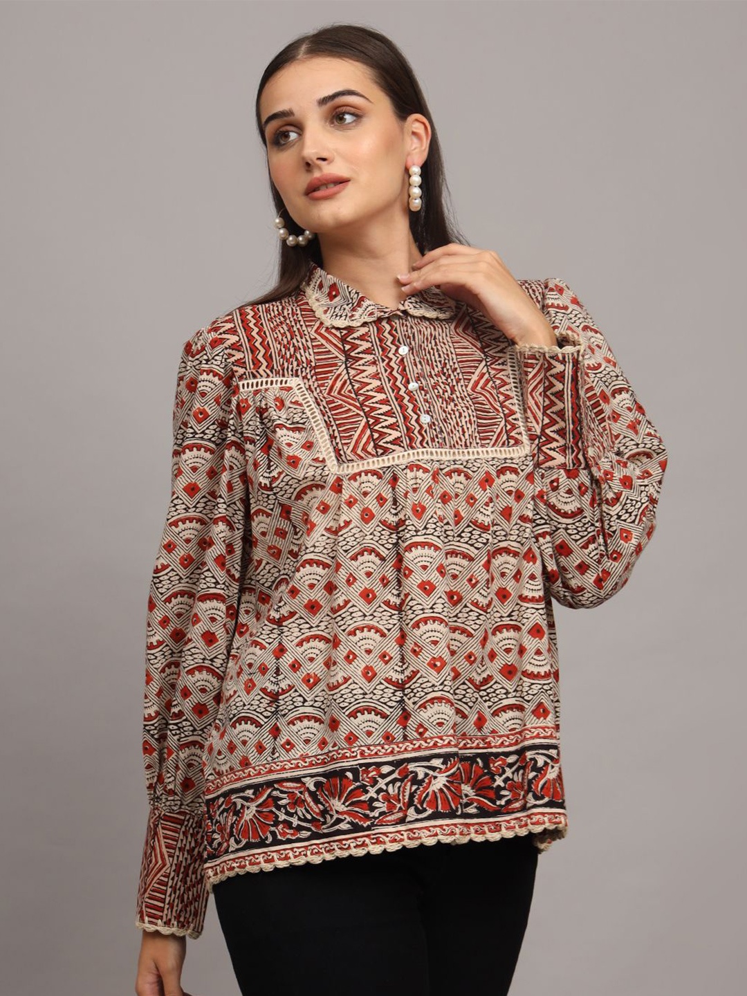 

CHARMGAL Women Ethnic Printed Shirt Collar Cotton Tunic, Maroon
