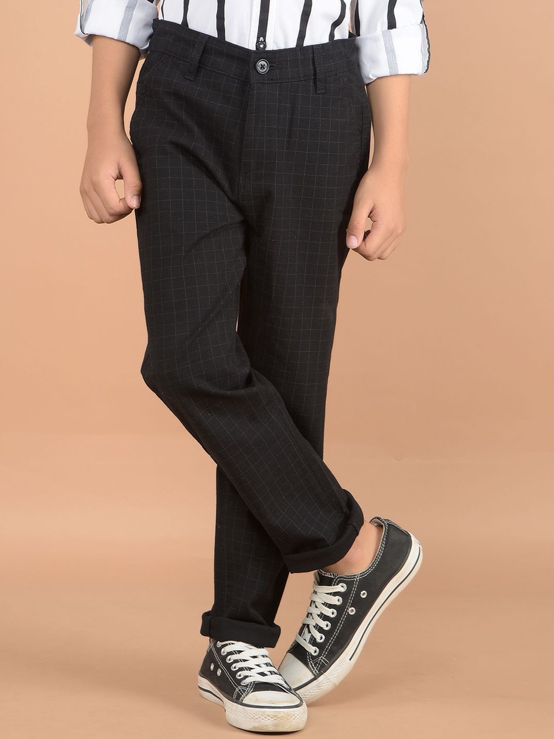 

Crimsoune Club Boys Smart Checked Slim Fit Chinos Trousers, Black