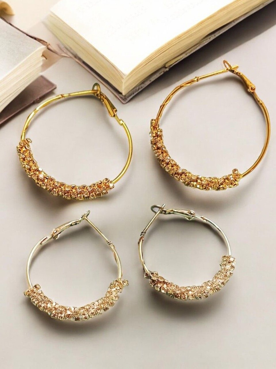 

9blings Set Of 2 Gold Plated Cubic Zirconia Studded Circular Hoop Earrings