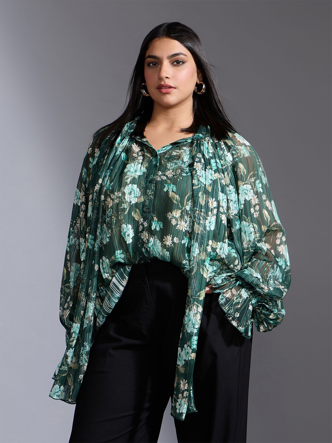 

20Dresses Floral Printed Tie Up Neck Plus Size Top, Green