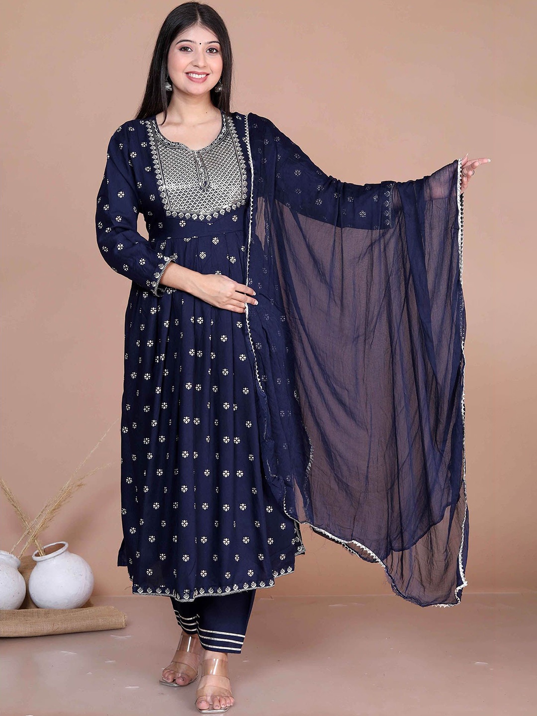 

PrettyNight Ethnic Motifs Embroidered A Line Kurta with Palazzos & With Dupatta, Blue