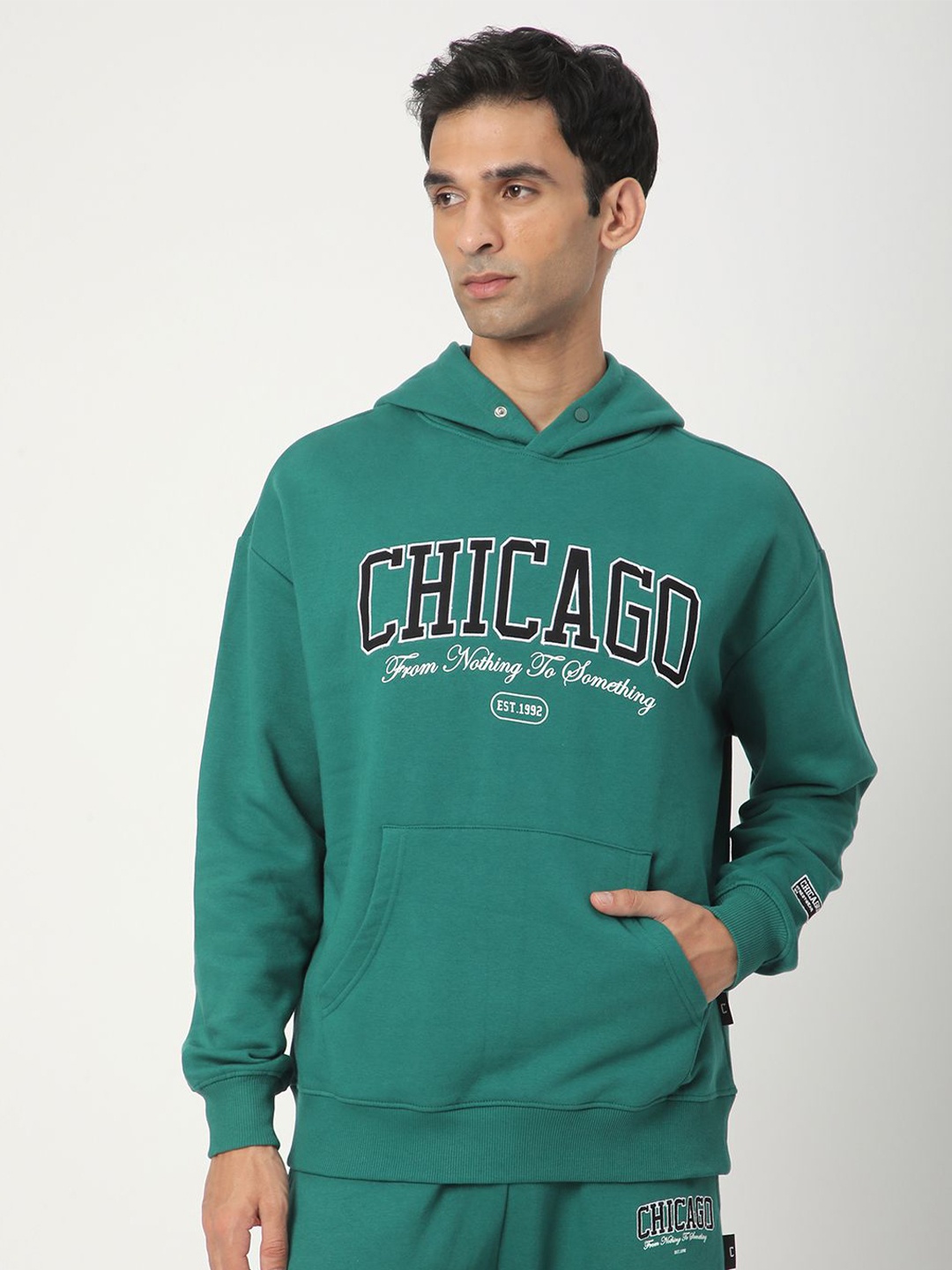 

R&B Men Cotton Printed Hooded Long Sleeves Sweatshirt, Green