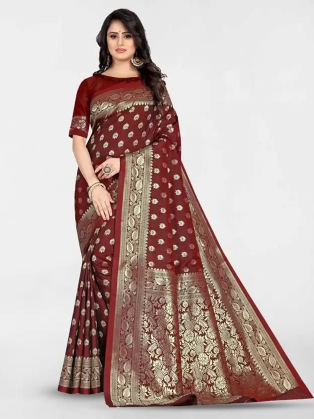 

SAADHVI Woven Design Zari Pure Silk Kanjeevaram Saree, Maroon