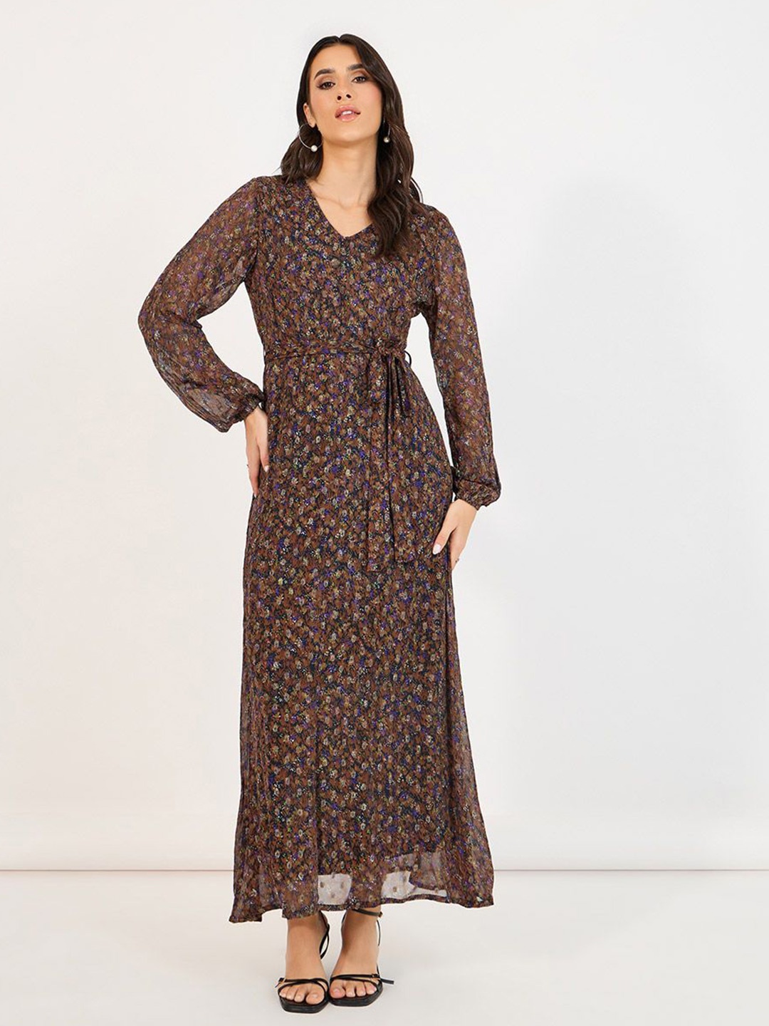 

Styli Women Floral Print V-Neck Puff Sleeves A-line Maxi Dress, Brown