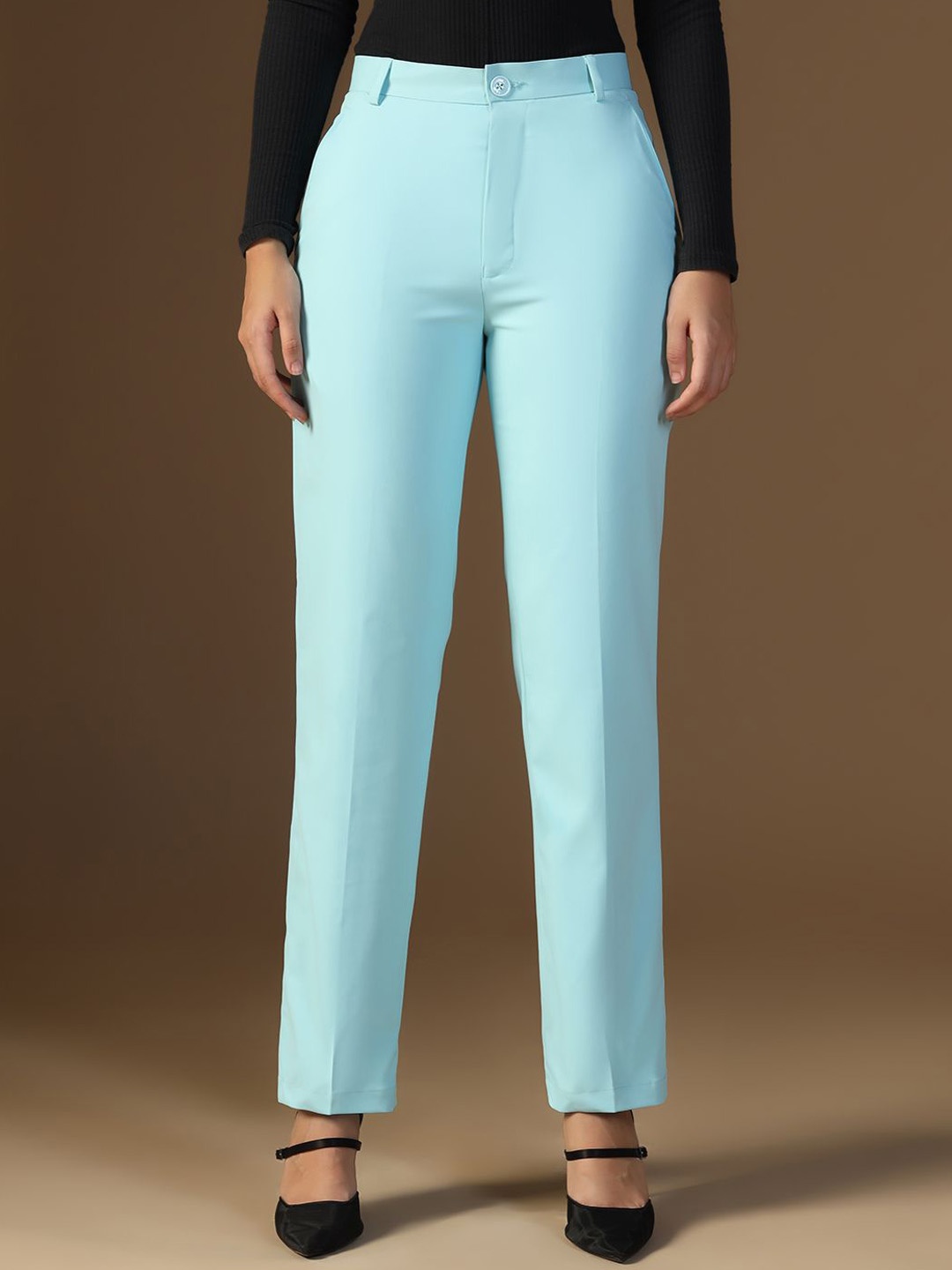 

TAHVO Women Mid-Rise Relaxed Formal Trousers, Blue