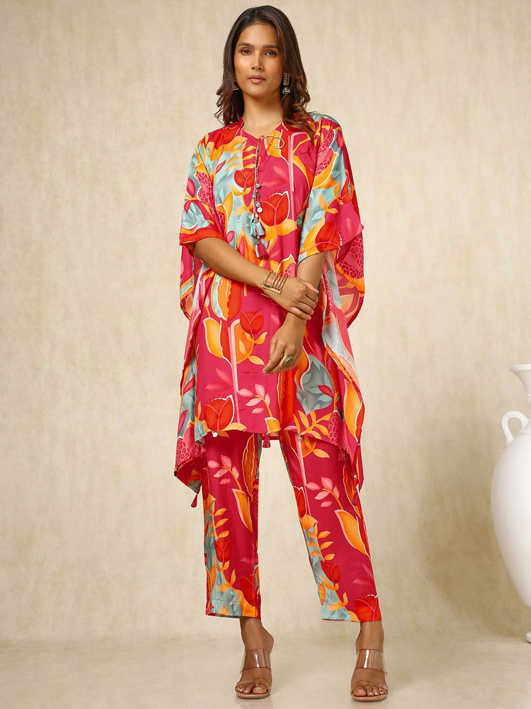 

Soch Pink Floral Printed Mandarin Collar Three-Quarter Sleeves Top With Palazzo