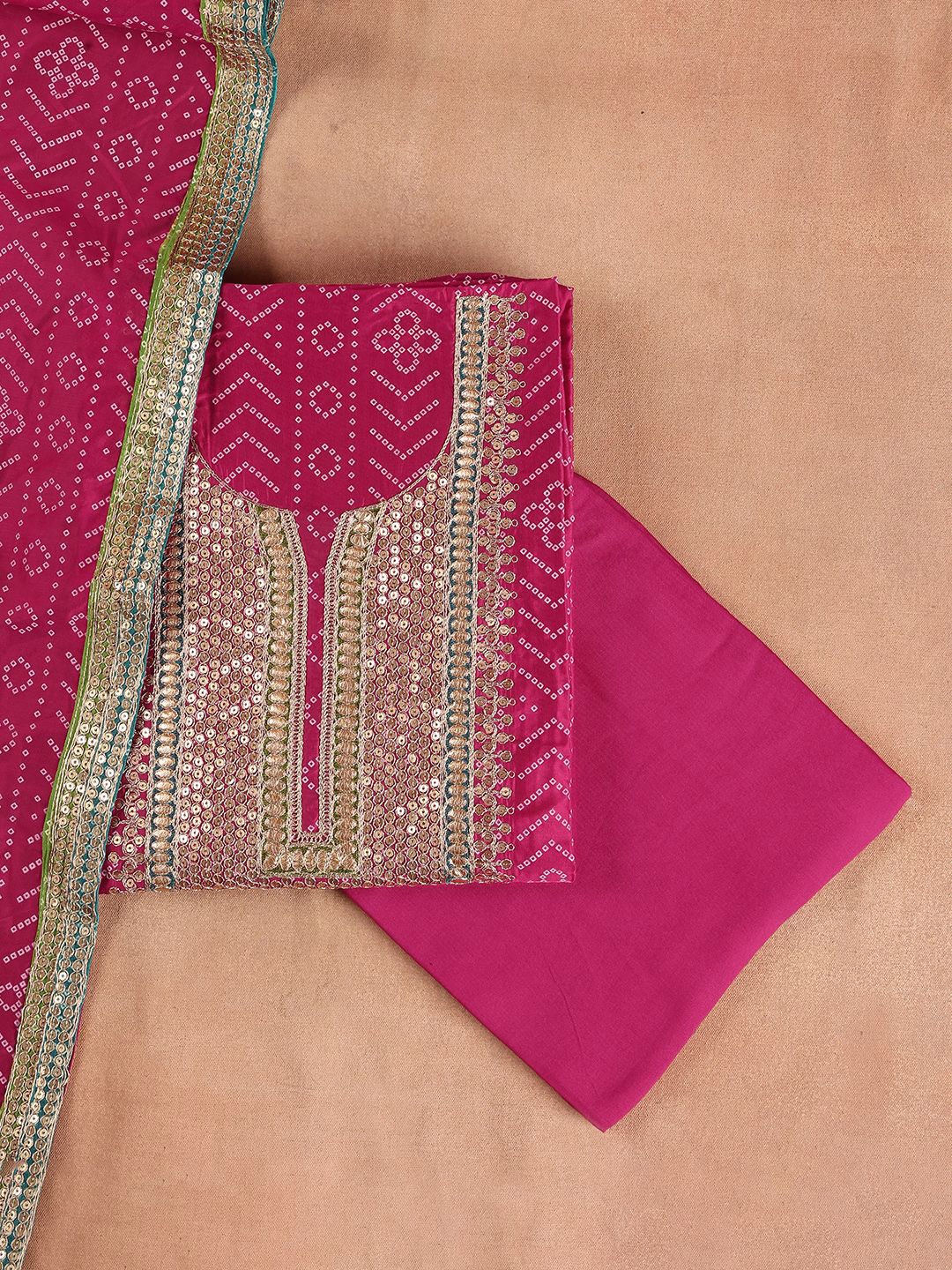 

Libas Bandhani Printed Zari Unstitched Dress Material, Pink