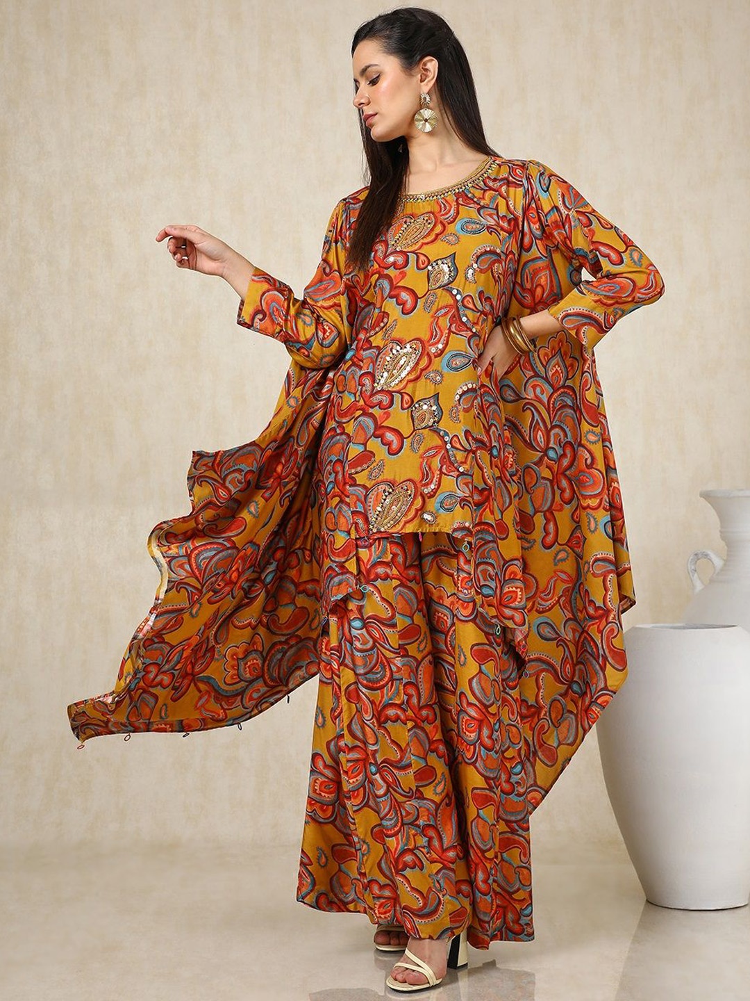 

Soch Mustard Floral Printed Round Neck Three-Quarter Sleeves Top With Palazzo