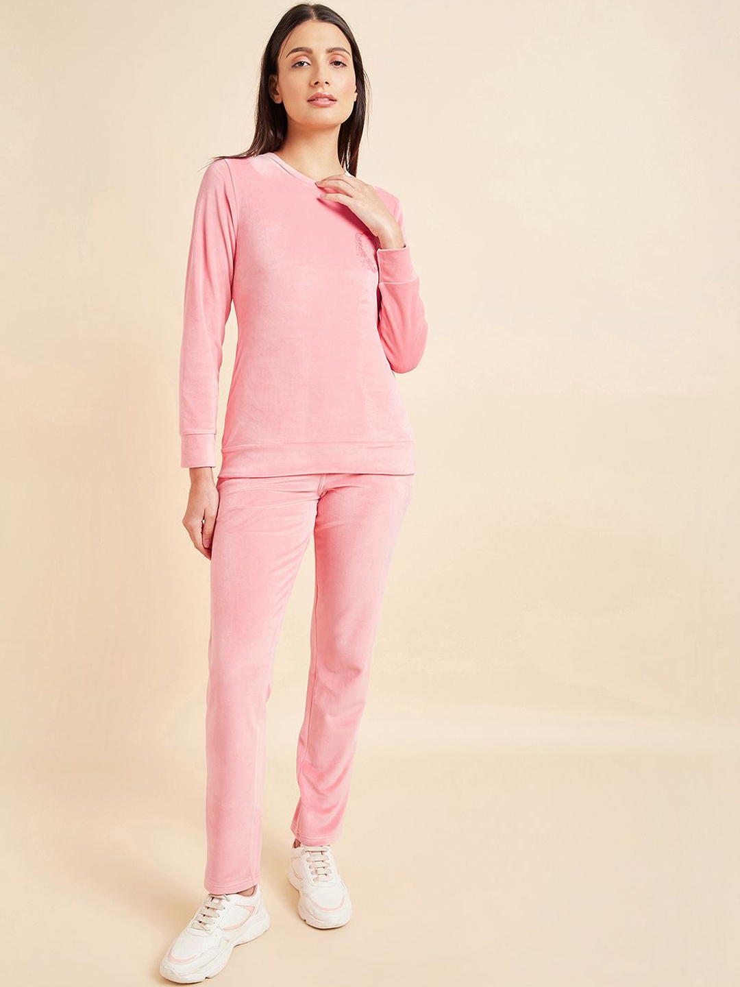 

Sweet Dreams Women Solid Round Neck Long Sleeves Mid-Rise Tracksuits, Peach