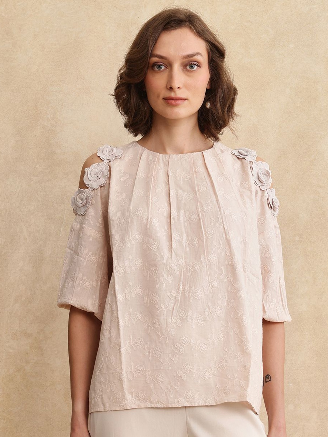 

RAREISM Women Self Design Floral Corsage Cotton Top, Beige