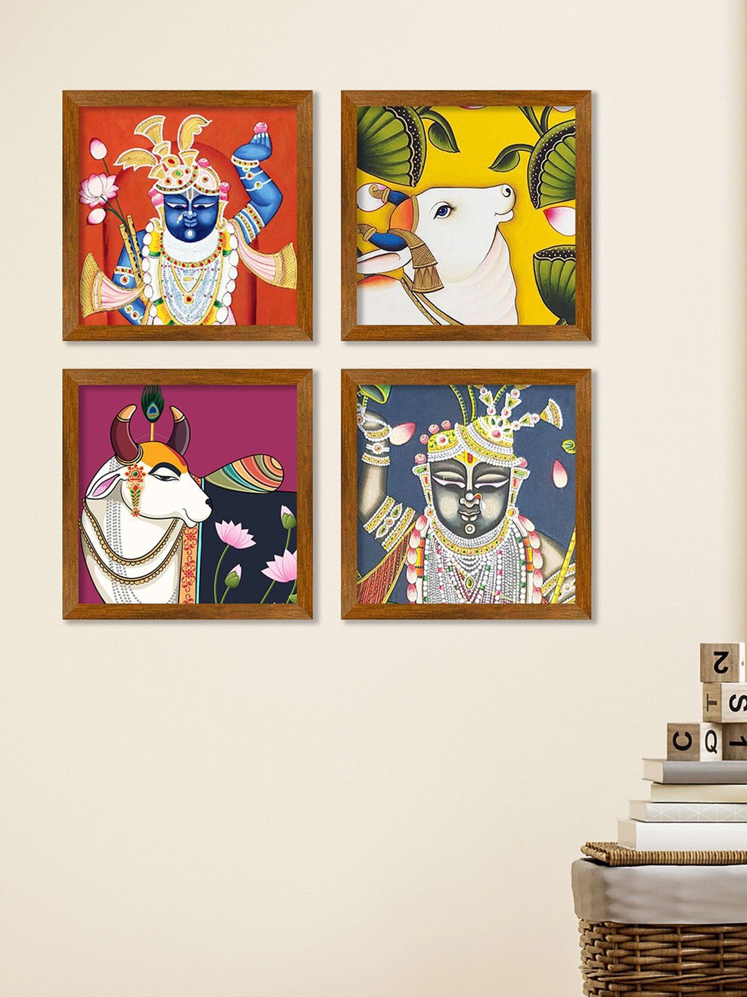 

ArtVibes Yellow & Red 4 Pieces Shrinathji Pichwai Cow Wooden Religious Painting Wall Arts