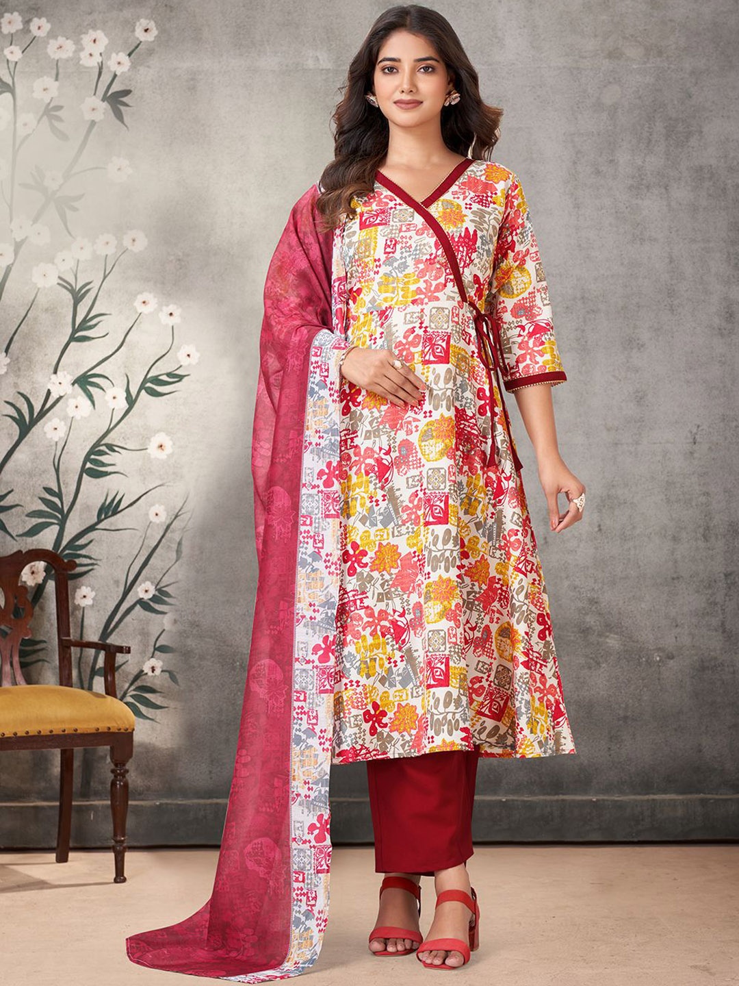 

KALINI Ethnic Motifs Printed Angrakha Kurta with Palazzos & Dupatta, Red