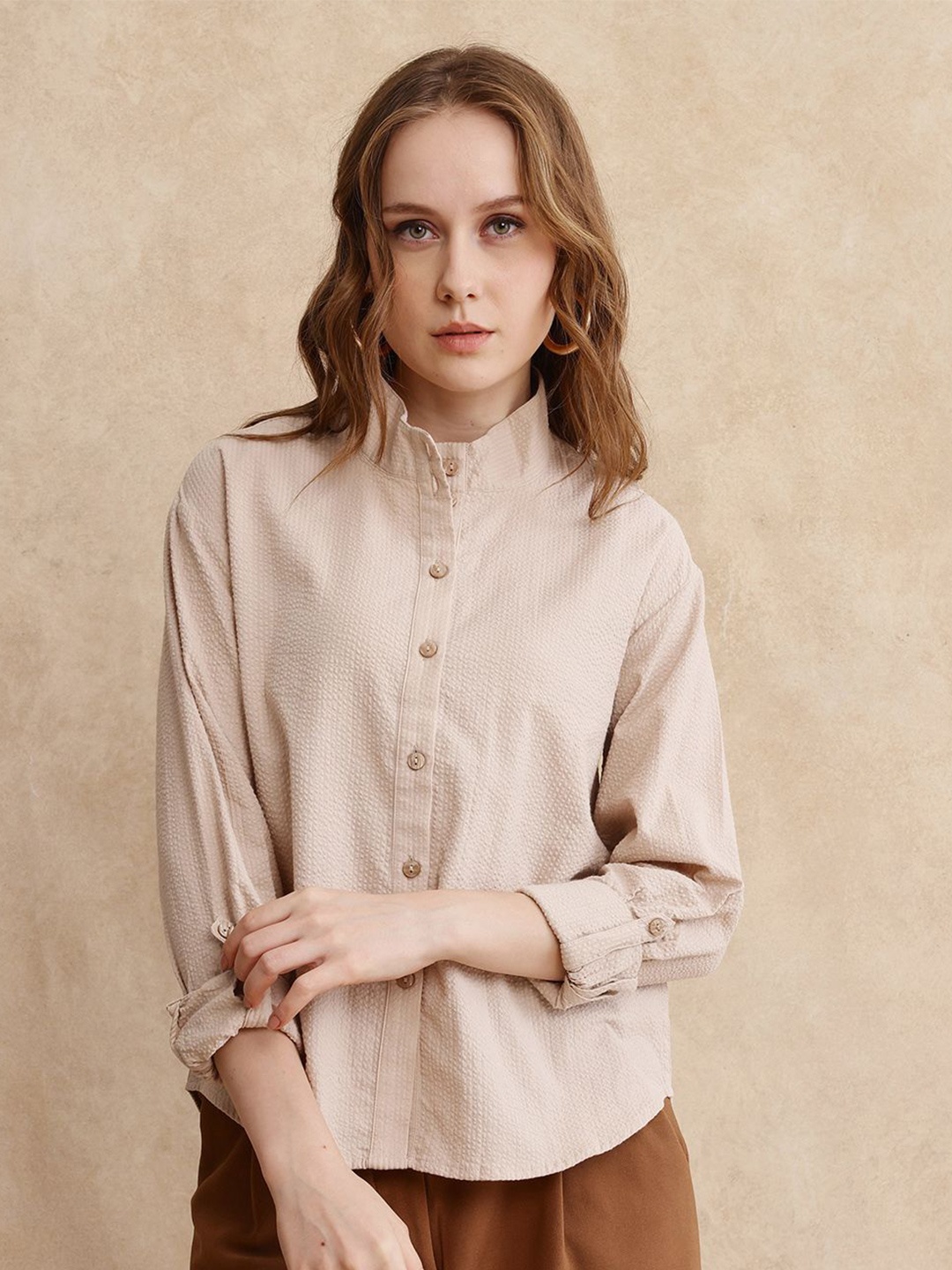 

RAREISM Women Comfort Mandarin Collar Textured Cotton Casual Shirt, Beige