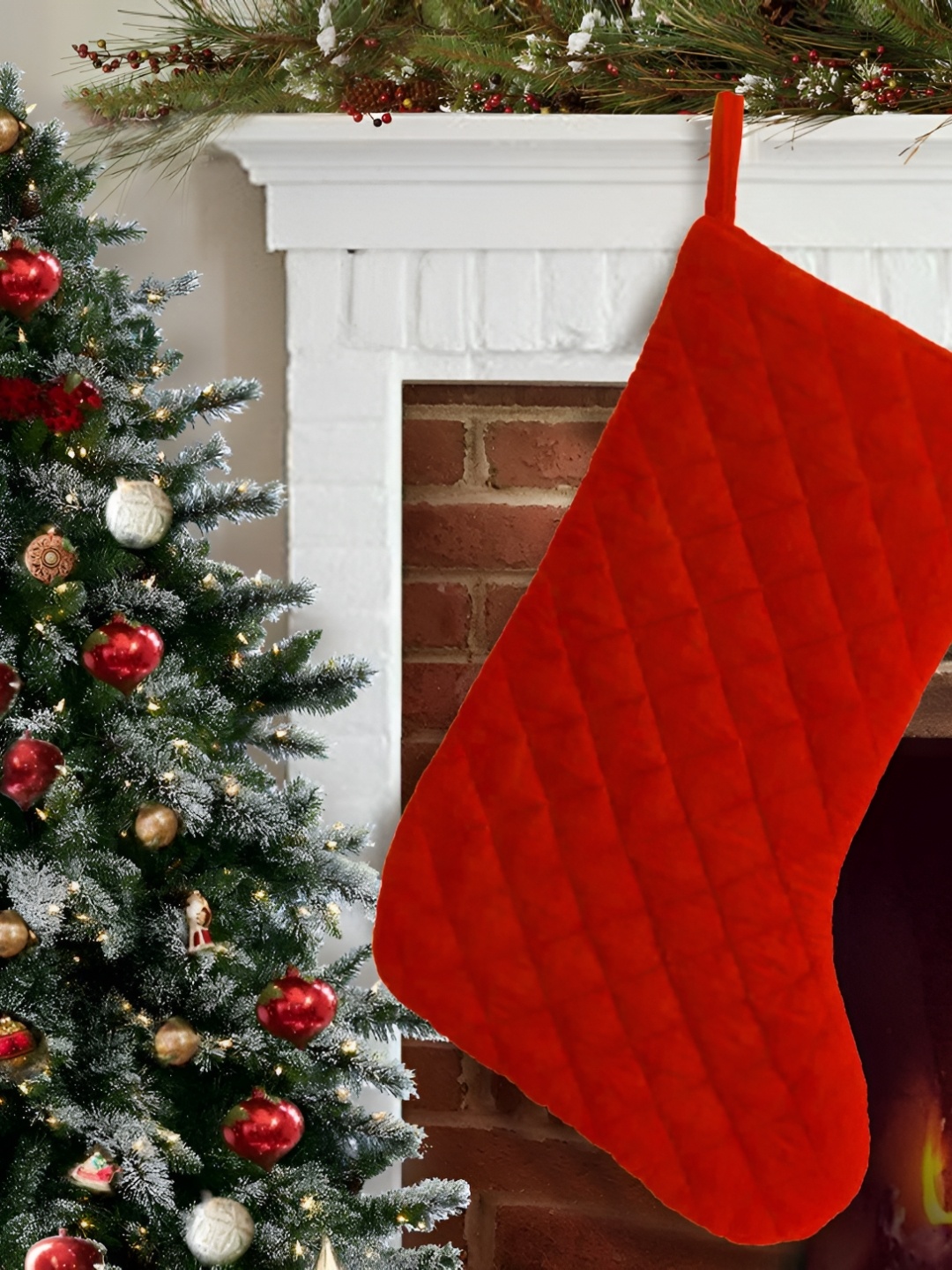 

Home Heart Santa Quilted Stocking Red Textured Velvet Decor