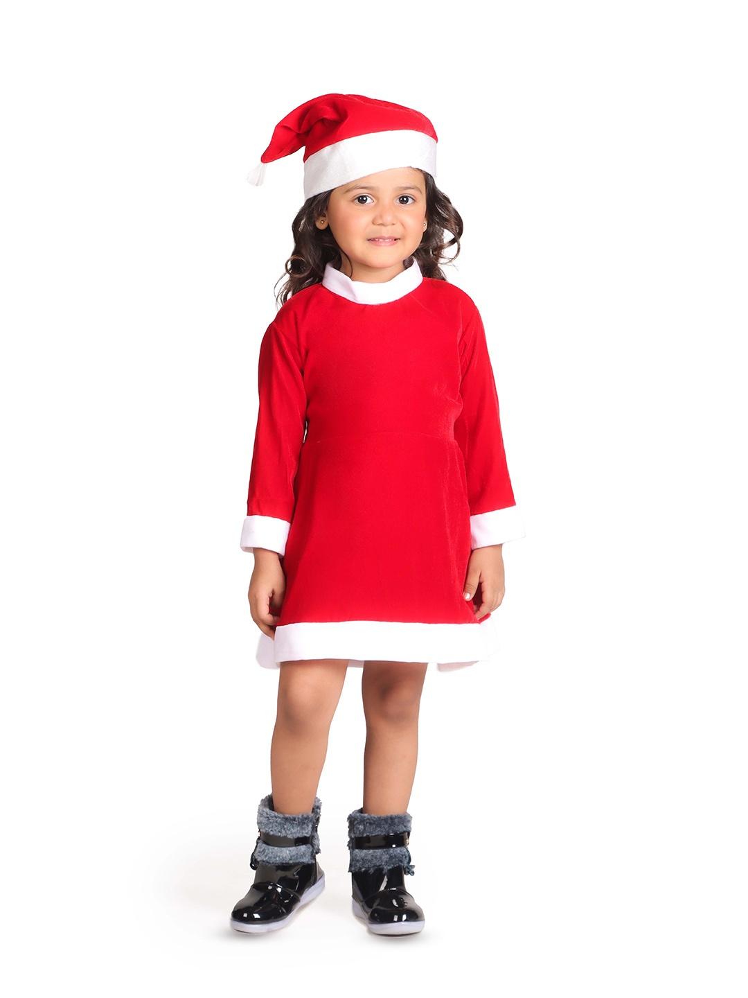 

itsmycostume Girls Velvet Santa Costume for With Santa Cap, Red