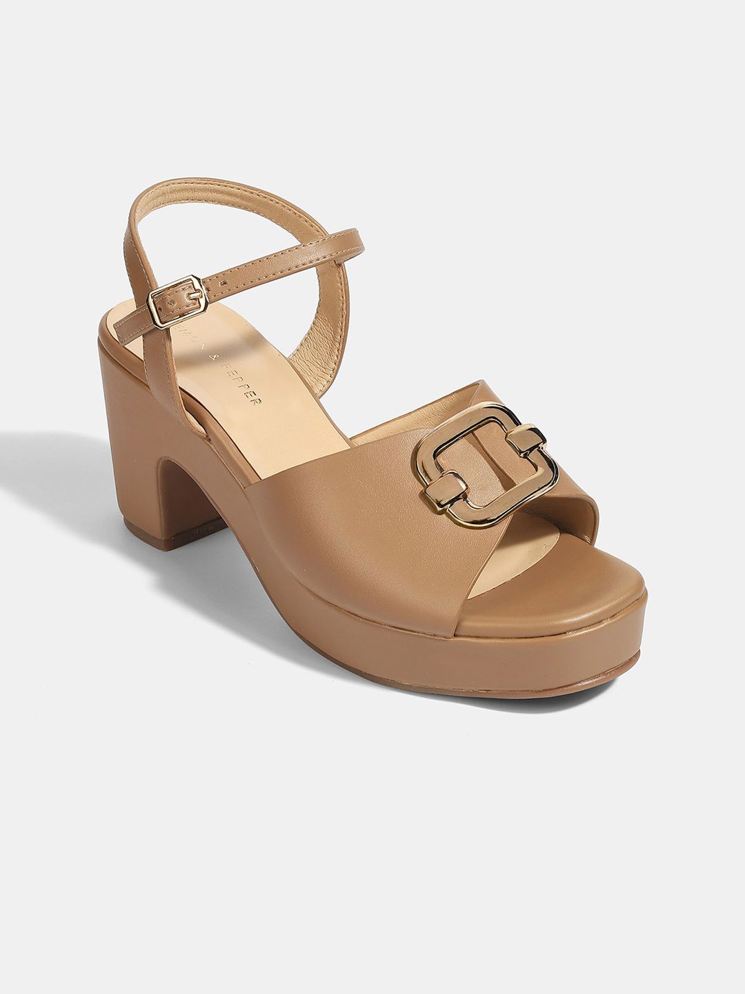 

LEMON & PEPPER Women Buckled Block Heel Sandals, Tan