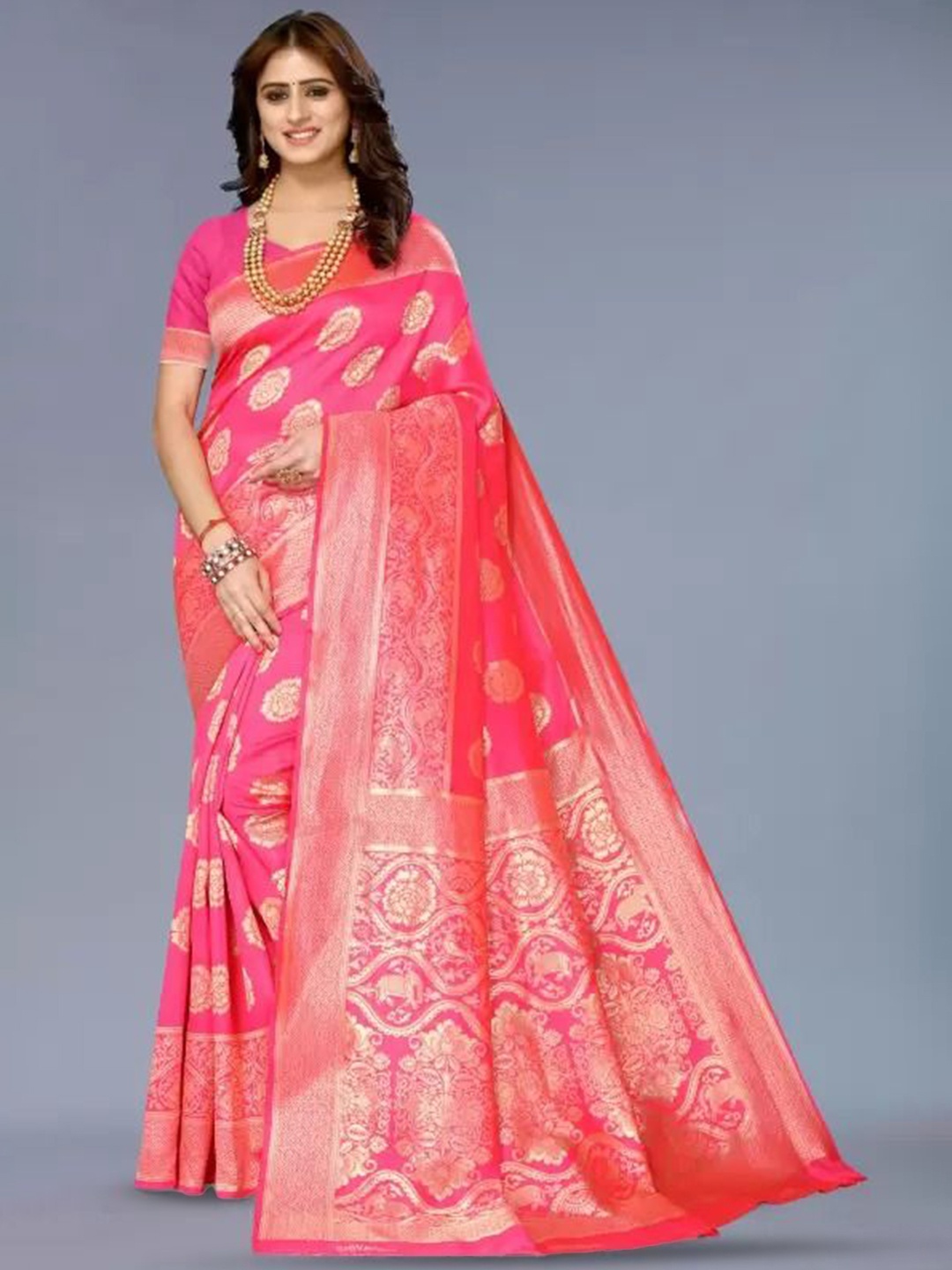 

SAADHVI Woven Design Zari Pure Silk Kanjeevaram Saree, Pink