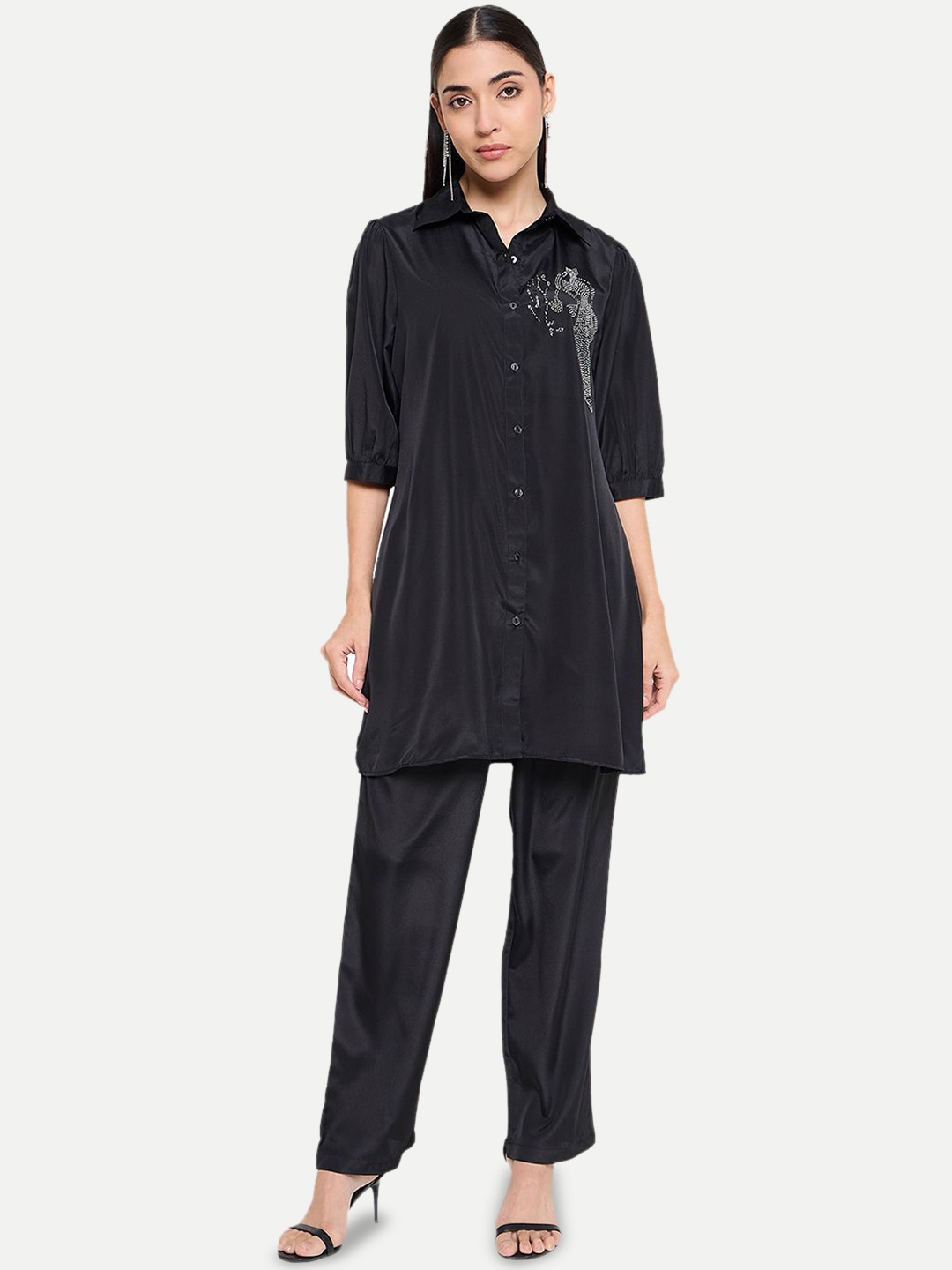 

Imfashini Embellished Shirt Collar Three-Quarter Sleeves Shirt With Trouser, Black