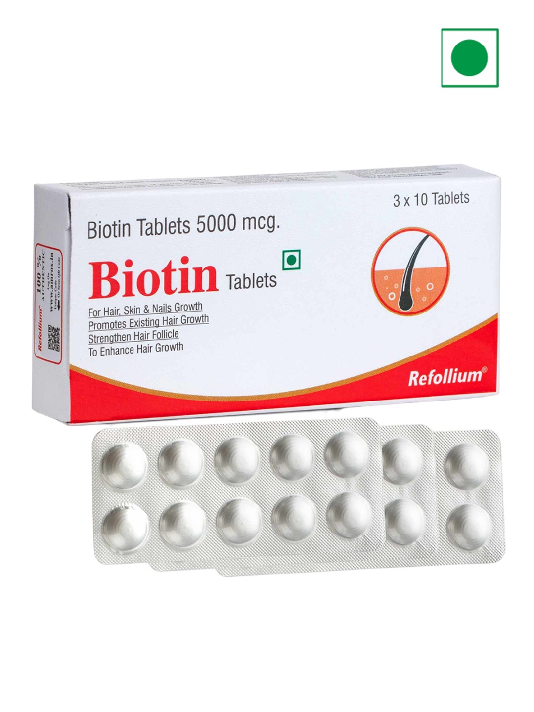 

refollium Biotin 5000 mcg Tablets - 30 N, White