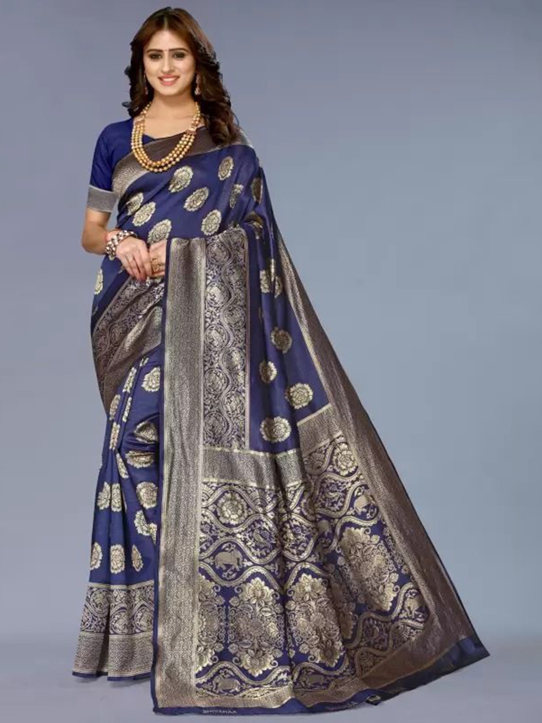 

SAADHVI Woven Design Zari Pure Silk Kanjeevaram Saree, Navy blue