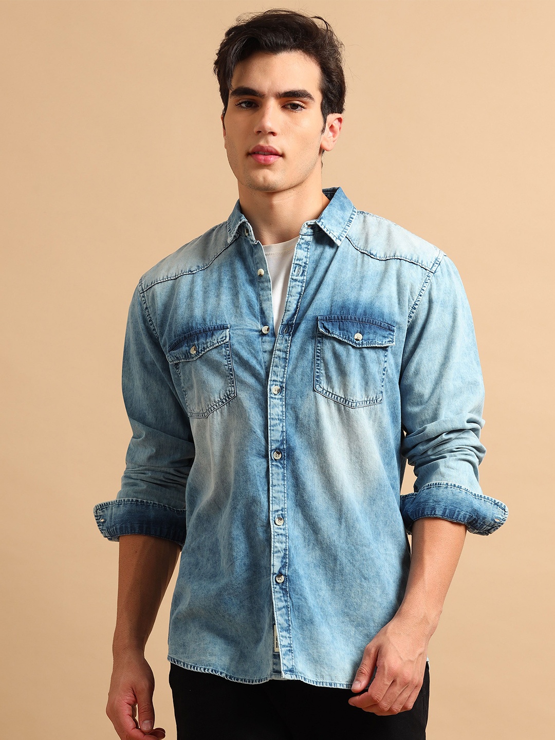 

SILISOUL Men Classic Spread Collar Faded Denim Casual Shirt, Blue