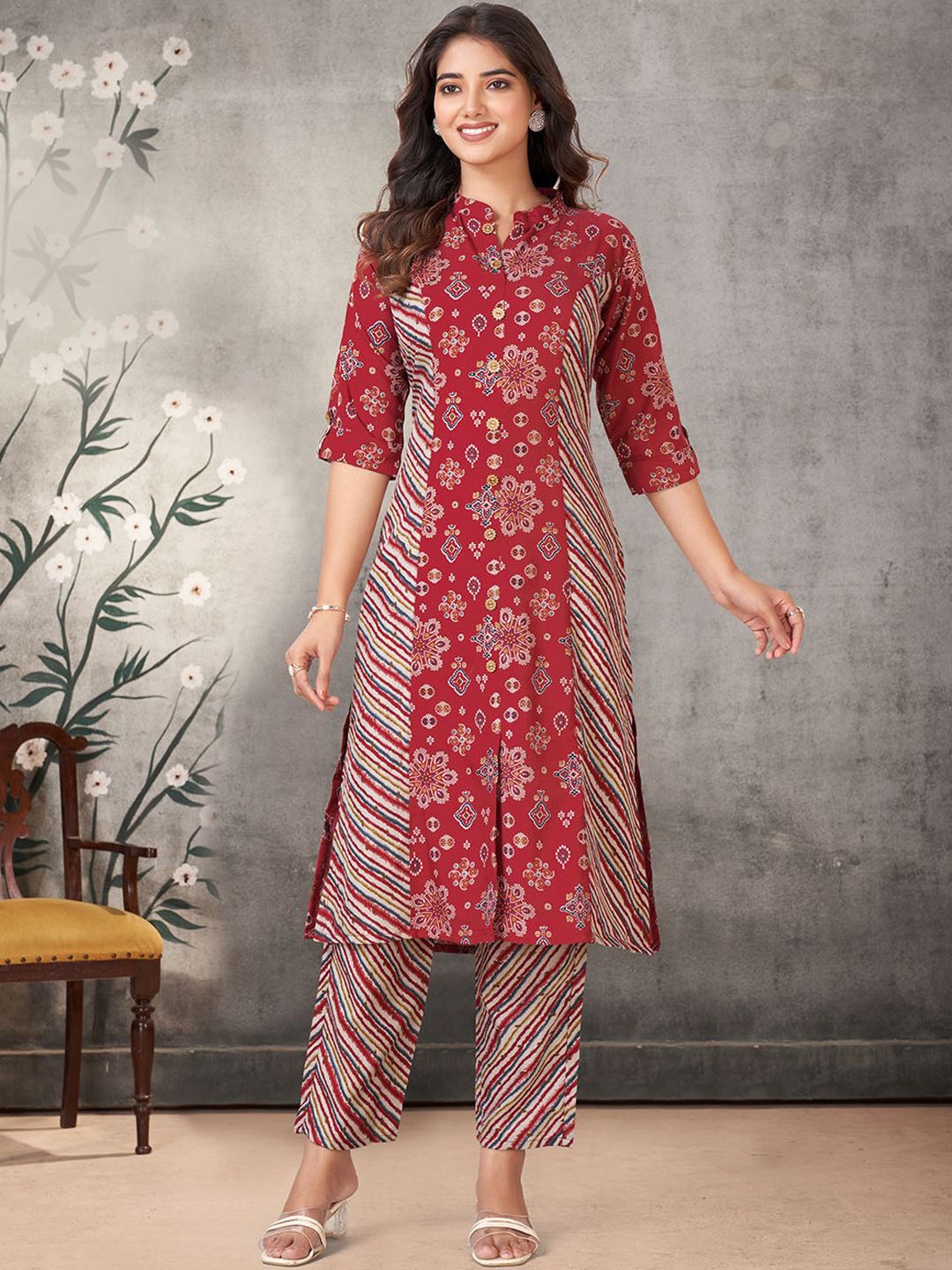 

KALINI Ethnic Motifs Printed Mandarin Collar Straight Kurta With Palazzos, Red