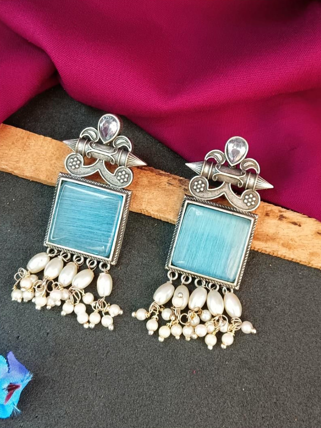 

Efulgenz Rhodium Plated Crystal Studded Contemporary Oxidised Drop Earrings, Silver