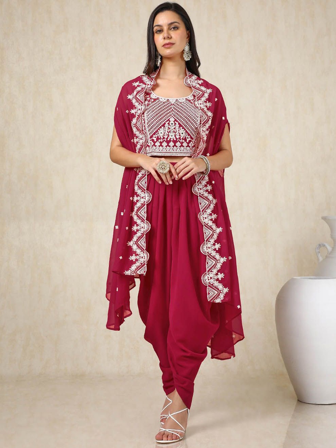 

Soch Fuchsia Floral Embroidered Round Neck Top & Patiala With Shrug, Pink